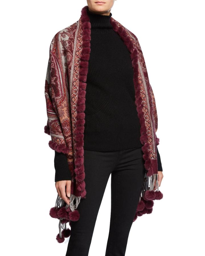 Double-face Wool Stole W/ Rabbit Fur Pompoms, Red