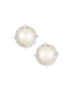 14k White Gold Freshwater Pearl & Diamond Button Earrings