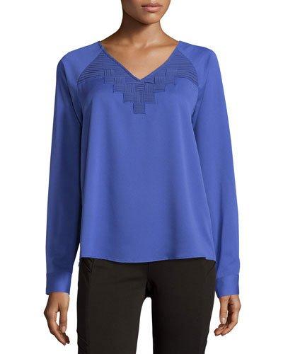 Pleated V-neck Long-sleeve Blouse, Royal Purple