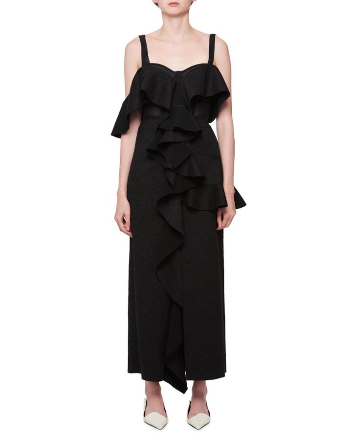 Sleeveless Cutout-back Chantilly Evening Gown With Ruffled Frills