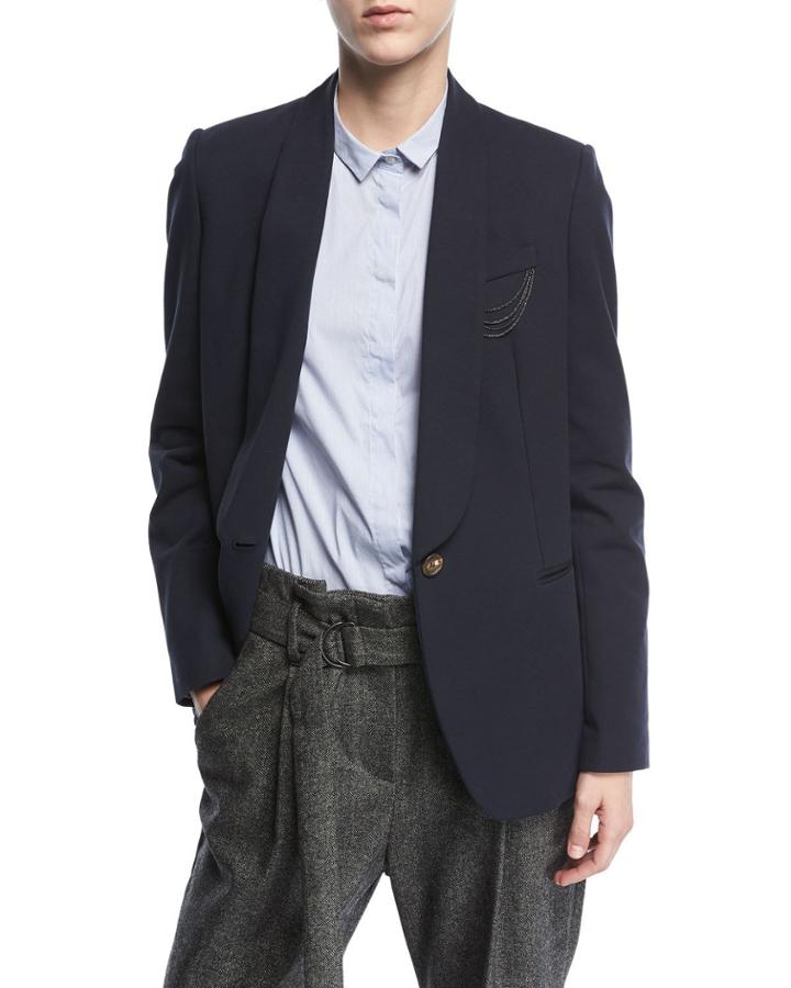 Shawl-collar One-button Crepe Blazer With Monili Chain Detail