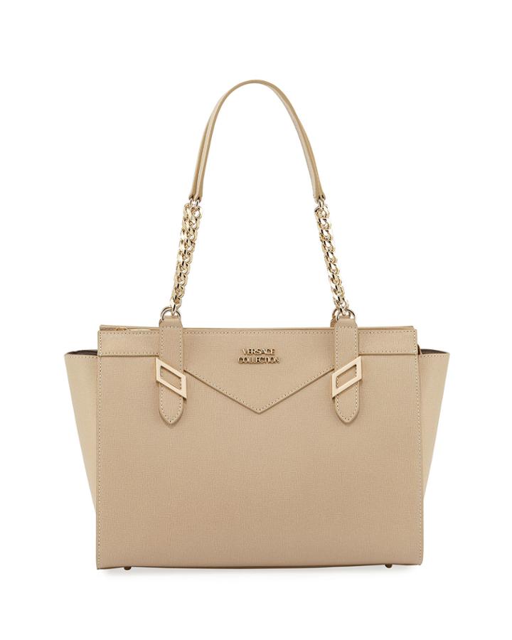 Saffiano Leather Chain Shoulder Bag, Beige