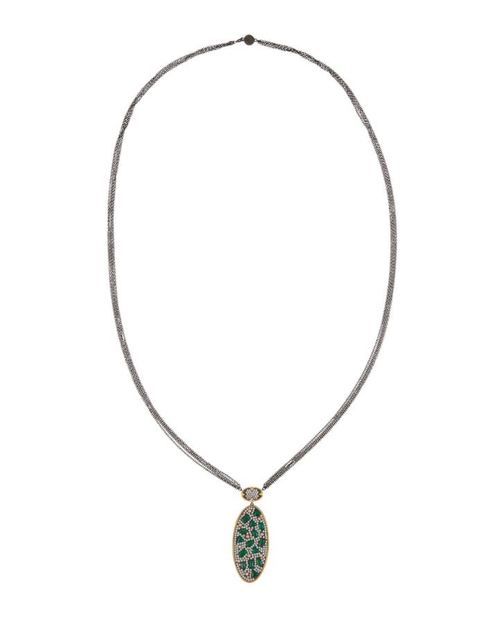 Long Mixed Geo Green Agate Pave Oval Pendant Necklace