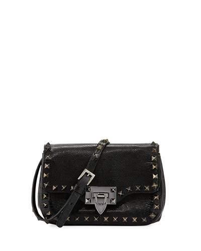 Rockstud Embossed Leather Small Saddle Bag, Black