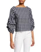 Checkered High-neck Ruched-sleeve Cotton Top