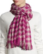 Neiman Marcus Boucle Check Fringe Scarf, Berry/taupe, Women's, Pink/ Tau