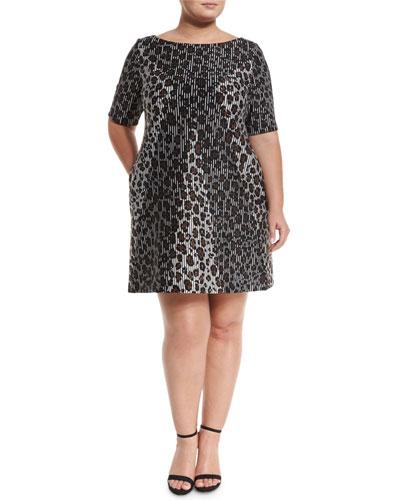 Striped Animal-print Scuba Dress, Brown/pear,