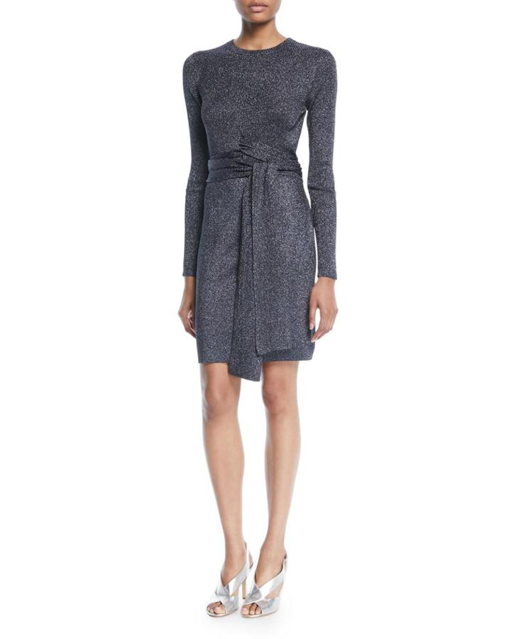 Wrap-waist Ribbed Long-sleeve Dress
