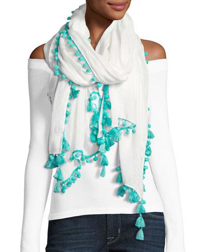 Mini Pompom Tassel Scarf, Green/white