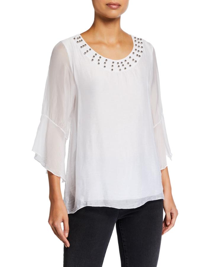 Studded-trim Flutter-sleeve Top