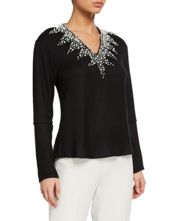 Beaded-neck Long-sleeve Top