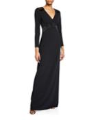 V-neck Long-sleeve Crepe Gown With Embroidered Shoulder Insets