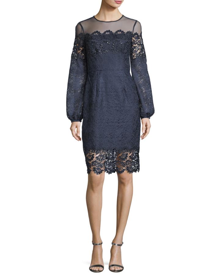 Textured Lace Long-sleeve Cocktail Dress