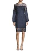 Textured Lace Long-sleeve Cocktail Dress
