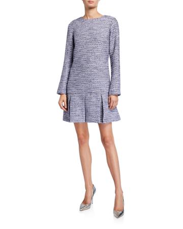 Tweed Long-sleeve Box-pleat Dress