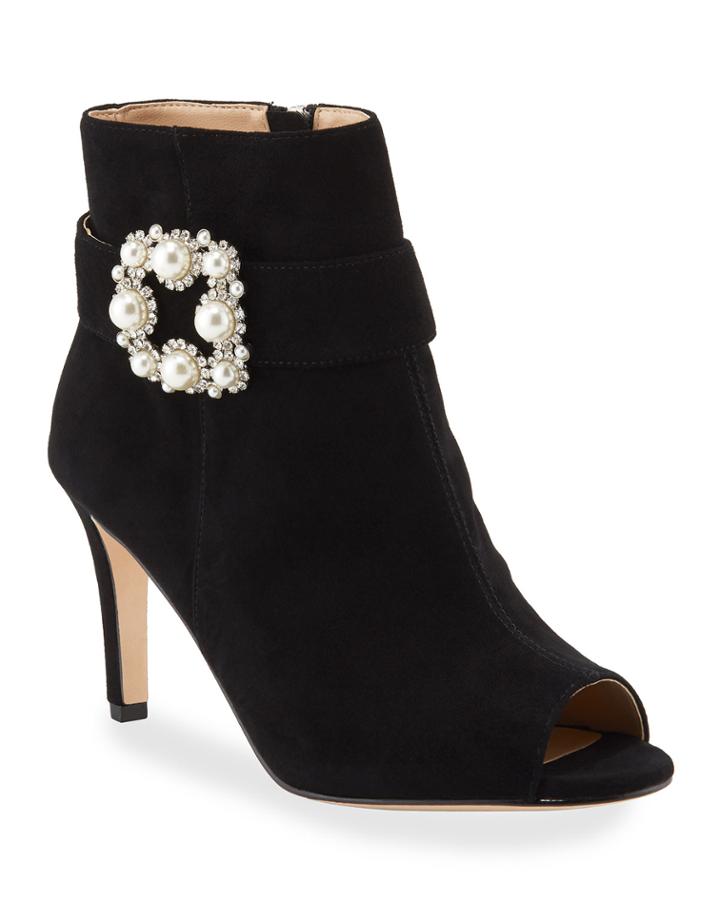 Candide Suede Pearly Buckle Peep-toe Booties