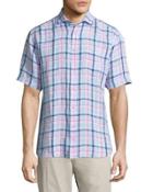 Linen Plaid-print Short-sleeve Shirt, Blue/pink
