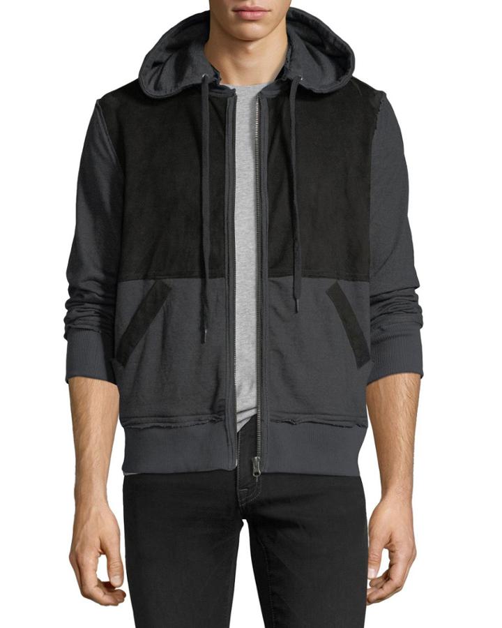 Suede-panel Zip-front Knit Hoodie