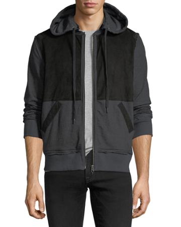 Suede-panel Zip-front Knit Hoodie