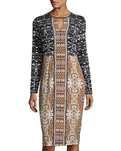 Mixed-print Long-sleeve Jersey Midi Dress, Yellow/turquoise