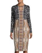 Mixed-print Long-sleeve Jersey Midi Dress, Yellow/turquoise