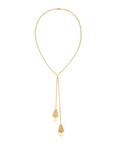 Double-pendant Simulated Pearl Y-drop Necklace, Golden