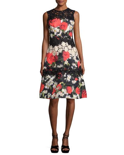 Sleeveless Floral Jacquard A-line Cocktail Dress, Black/multicolor