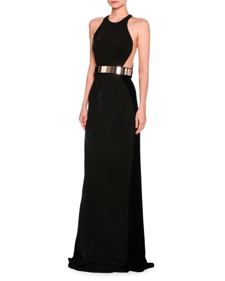 Saskia Sleeveless Belted Velvet Gown, Black