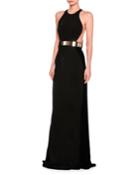 Saskia Sleeveless Belted Velvet Gown, Black