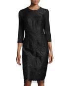 3/4-sleeve Embroidered-lace Panel Dress, Black
