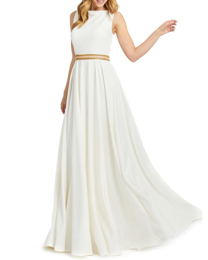 Beaded-waist Bateau-neck Sleeveless Pleated A-line Gown