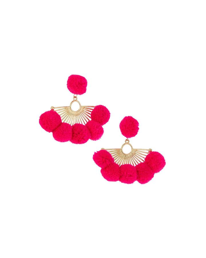 Pompom Fan Drop Earrings, Pink