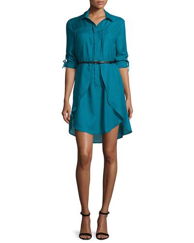 Long-sleeve Belted Shirtdress, Atlantic