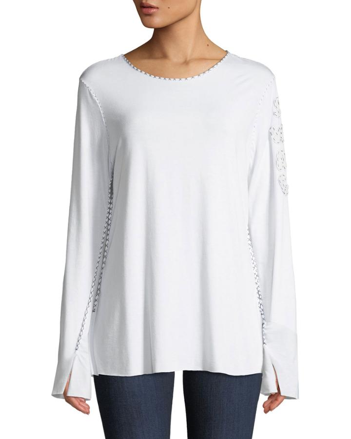 Crewneck Long-sleeve Bamboo Topstitching T-shirt W/ S.w.a.g On