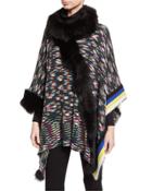 Wool Poncho W/ Fur Trim, Black/multicolor
