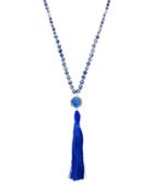 Long Beaded Stone Tassel Pendant Necklace, Blue
