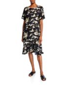 Nebit Floral Short-sleeve Ruffle-hem Dress