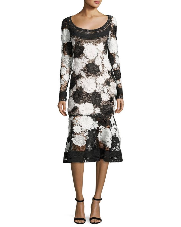 Two-tone Floral Guipure Lace Flounce Dress, Black/white