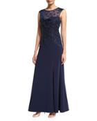 Sleeveless Cap-sleeve Embroidered-bodice Gown