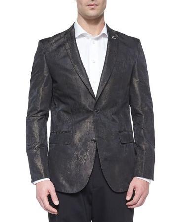 Printed Jacquard Two-button Blazer, Black/gold