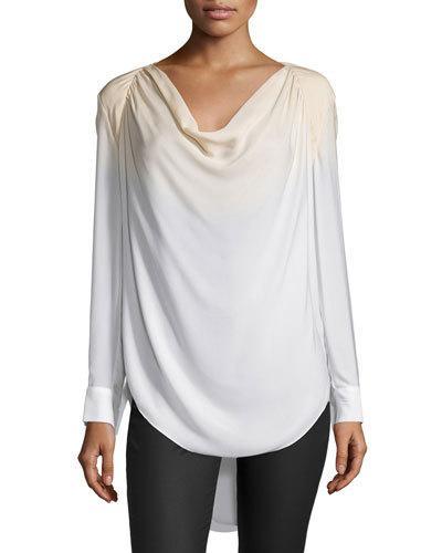 Long-sleeve Cowl-neck Blouse, Buff/swan