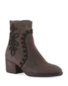 Fathom Embroidered Suede Booties, Dark Taupe