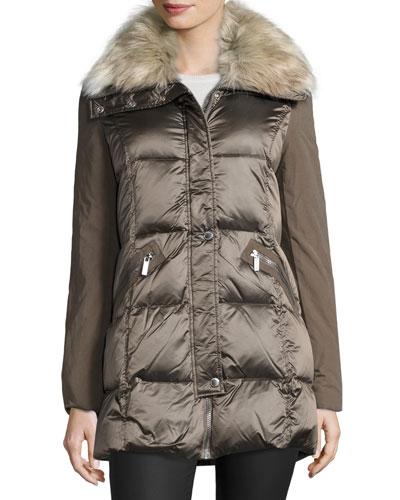 Quilted Down Jacket With Faux-fur Collar, Taupe