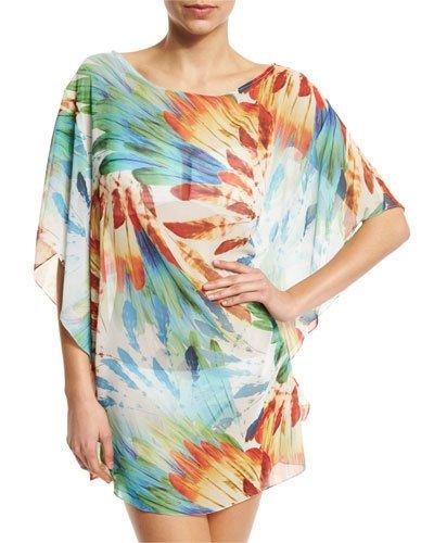 Ju Feather-print Caftan Coverup, Imperial