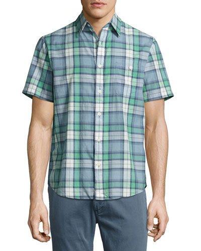 Seaview Short-sleeve Plaid-print Shirt, Multi Blue/cream