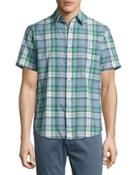Seaview Short-sleeve Plaid-print Shirt, Multi Blue/cream