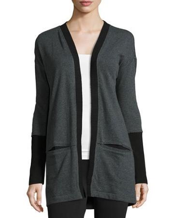 Contrast-trim Open-front Cardigan, Graphite Heather