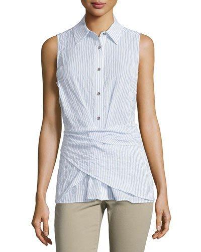 Sleeveless Button-front Wrap Top, Blue
