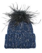 Rain Knit Beanie Hat W/ Feather Pompom