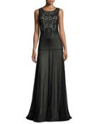 Sleeveless Beaded Tulle Gown, Black